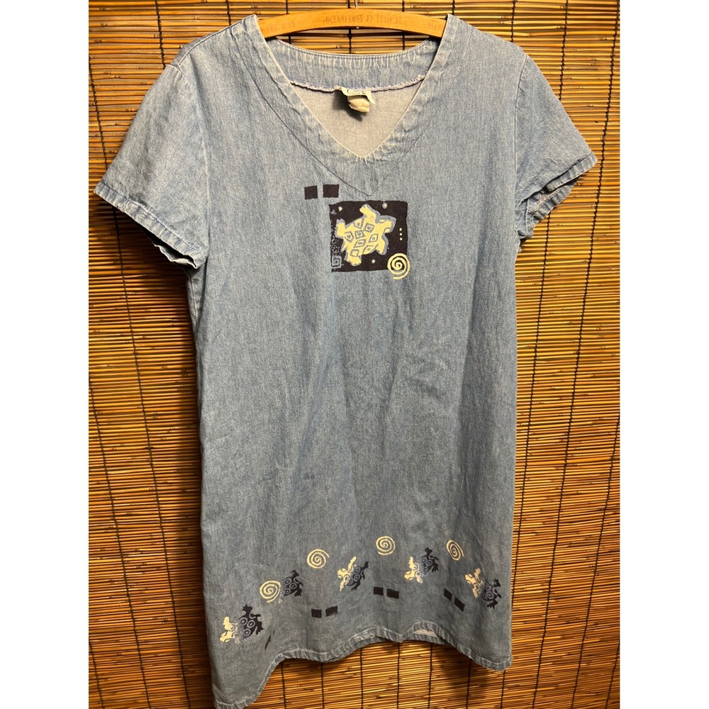 Islandwear by Sidan L Denim Turtle Graphic Shift Dress Blue Cotton